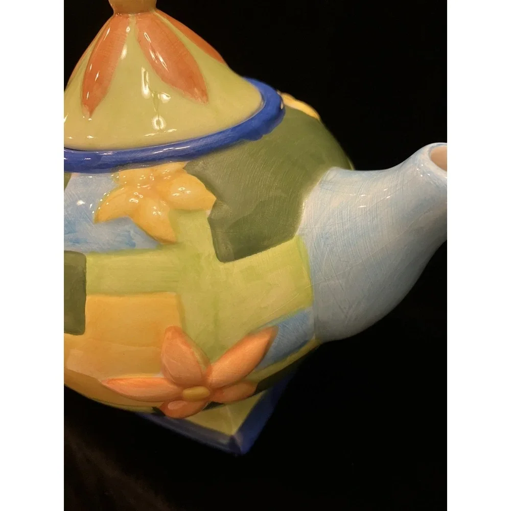 VTG Oneida China Hand Painted Country Style Blue Yellow Orange Floral Teapot